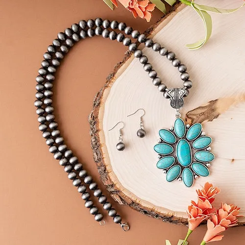 Long Silver Navajo Pearl Necklace with Large Turquoise flower concho pendant