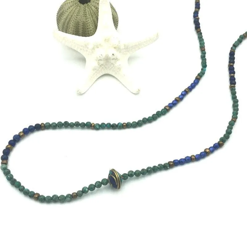 Long Turquoise and Lapis Gemstone Necklace