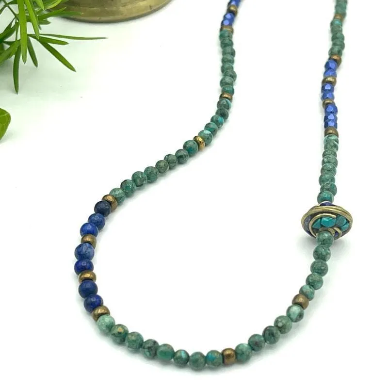 Long Turquoise and Lapis Gemstone Necklace