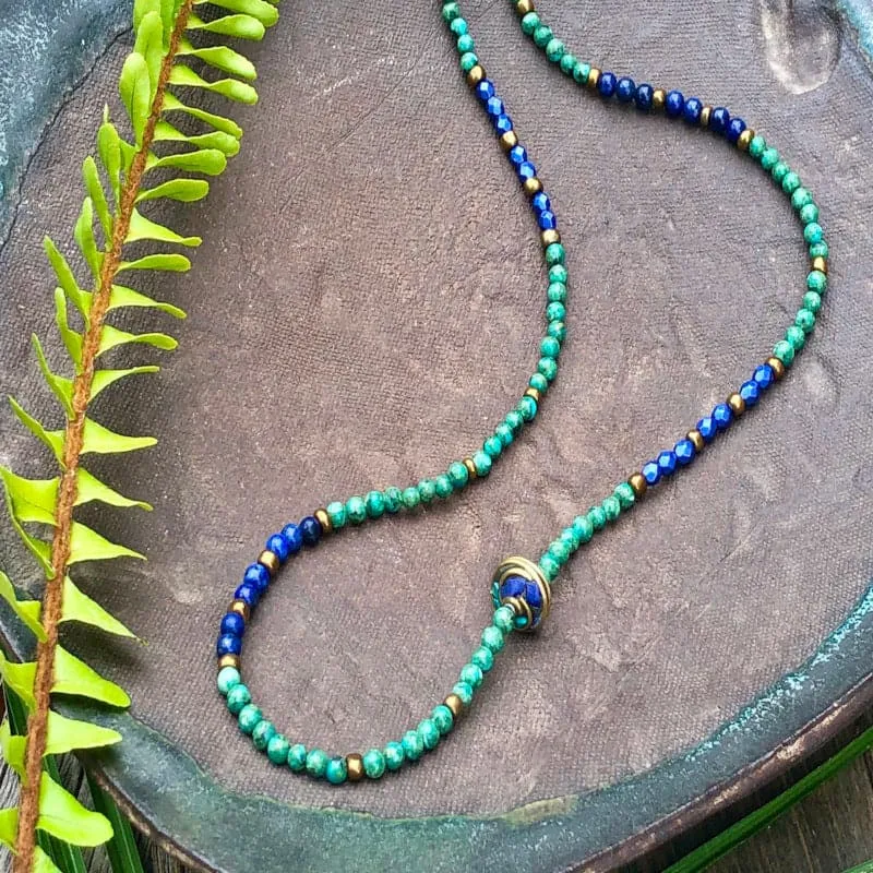 Long Turquoise and Lapis Gemstone Necklace