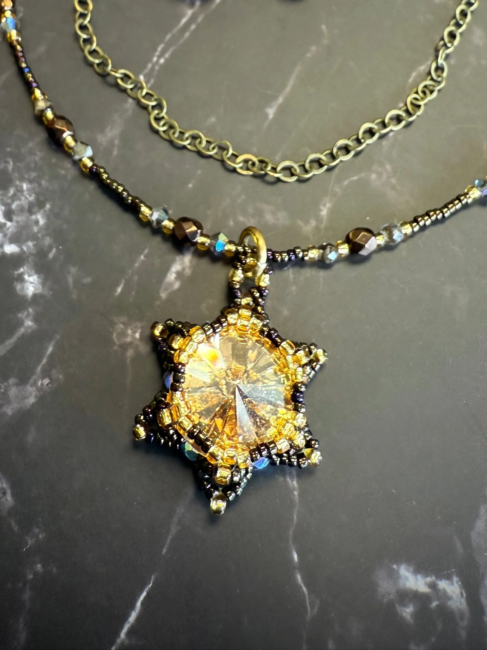 Lotus Flower Necklace | Handwoven Golden Crystal & Bronze