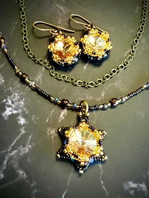 Lotus Flower Necklace | Handwoven Golden Crystal & Bronze