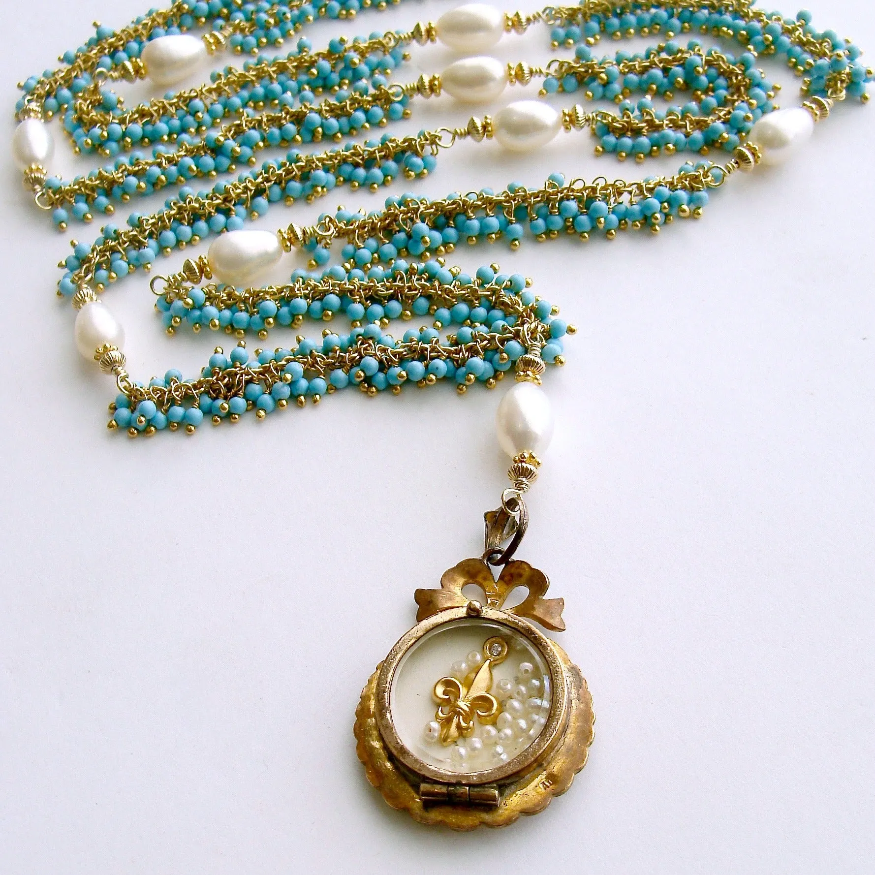 Lover’s Eye Locket Turquoise Pearls Necklace - Lilah Necklace