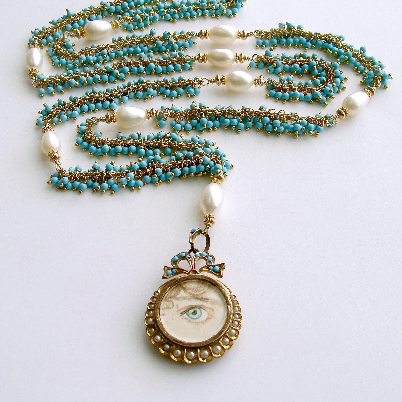 Lover’s Eye Locket Turquoise Pearls Necklace - Lilah Necklace