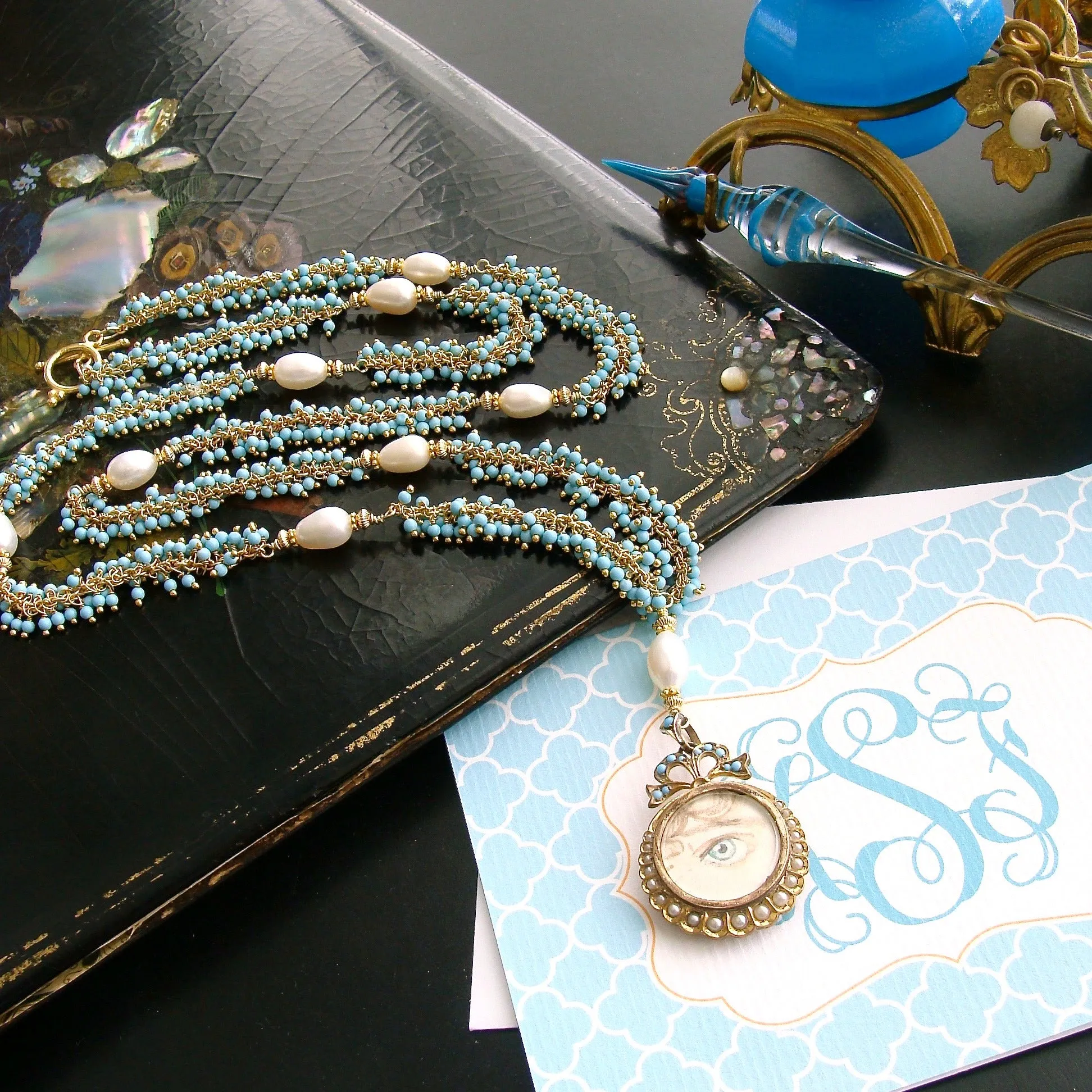 Lover’s Eye Locket Turquoise Pearls Necklace - Lilah Necklace