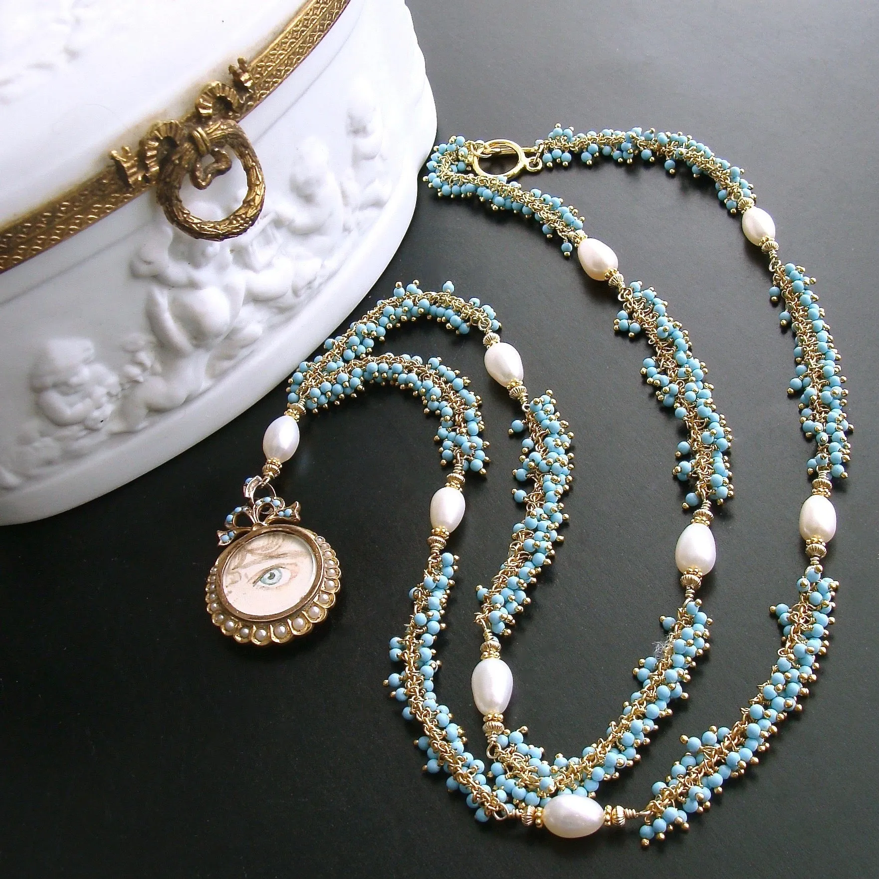 Lover’s Eye Locket Turquoise Pearls Necklace - Lilah Necklace