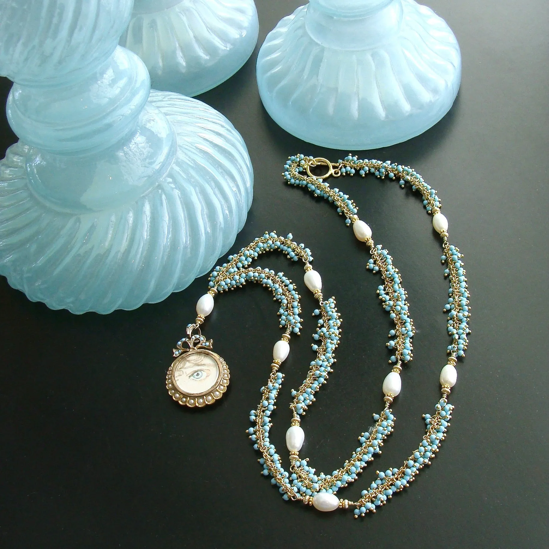Lover’s Eye Locket Turquoise Pearls Necklace - Lilah Necklace