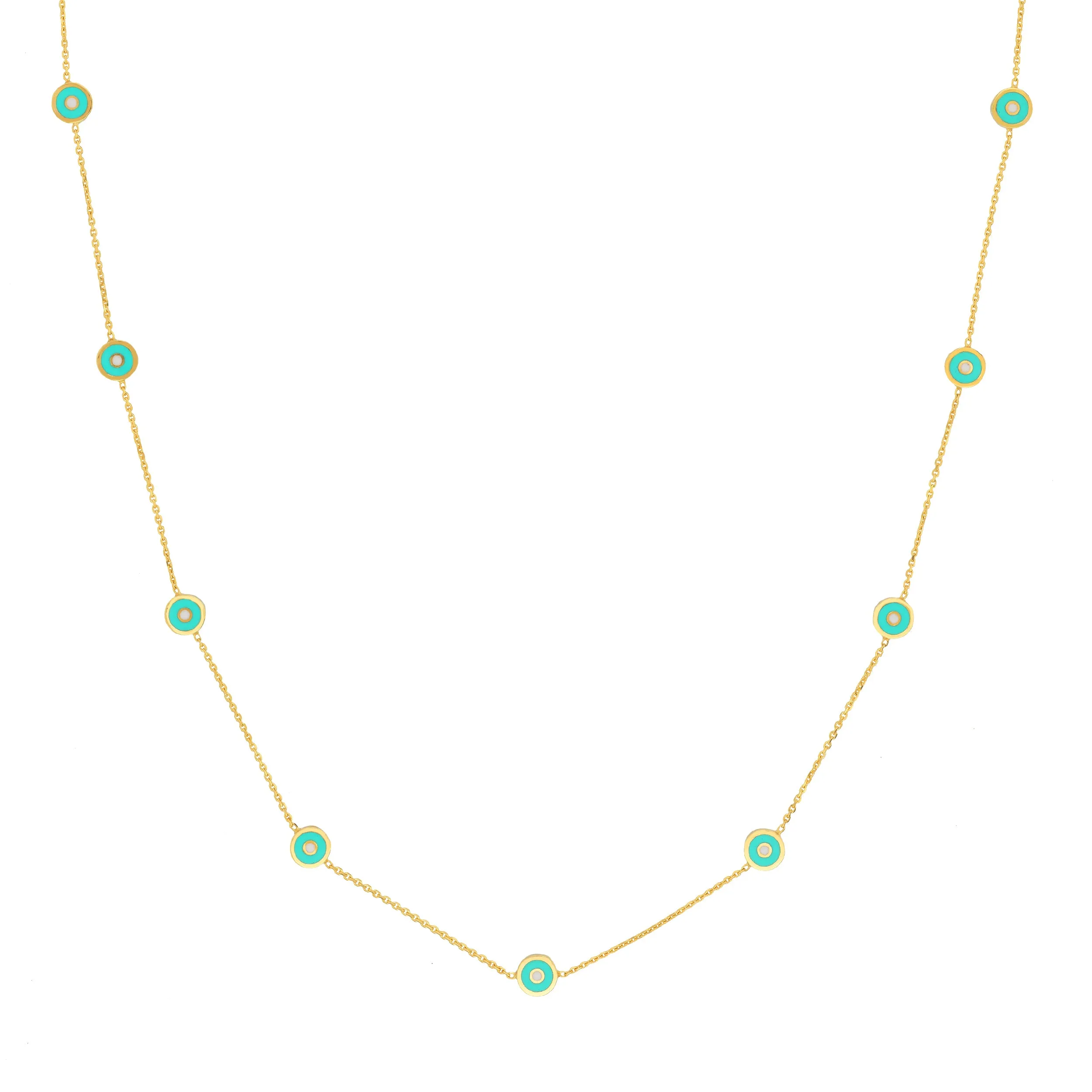 Lt. Turquoise Enamel Round Evil Eye Station Necklace