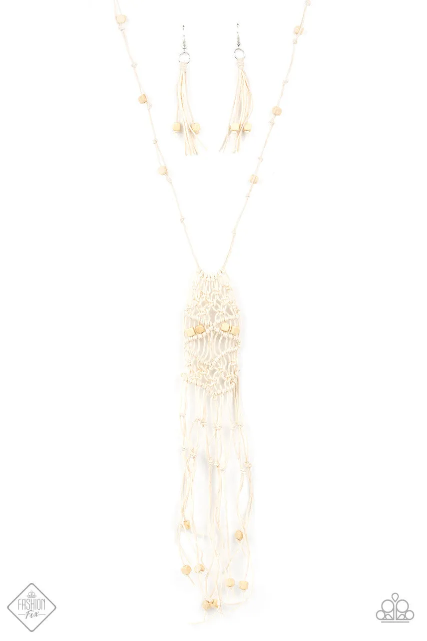 Macrame Majesty - White - Knotted Cord Paparazzi Long Necklace - November 2020 Sunset Sightings