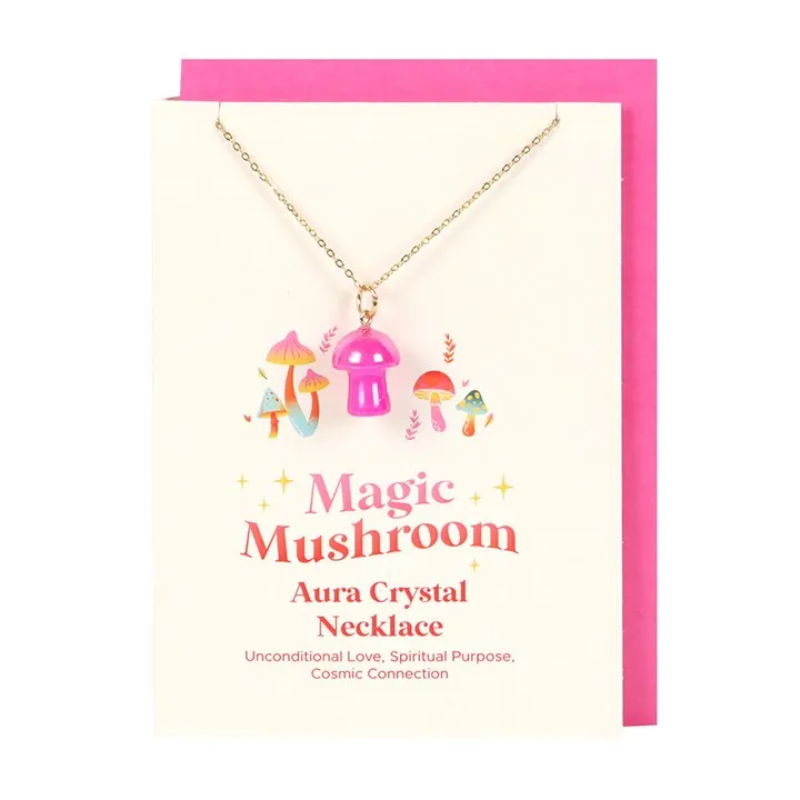 Magic Mushroom Pink Aura Crystal Necklace & Card
