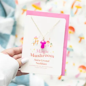 Magic Mushroom Pink Aura Crystal Necklace & Card