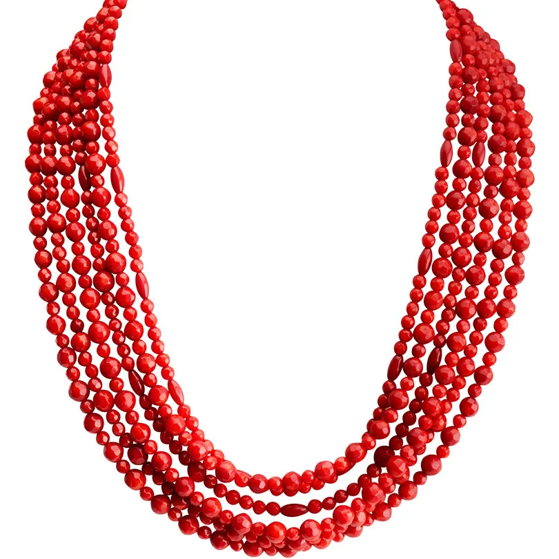 Magnificent Layers of  Red Coral Sterling Silver Statement Necklace 18"