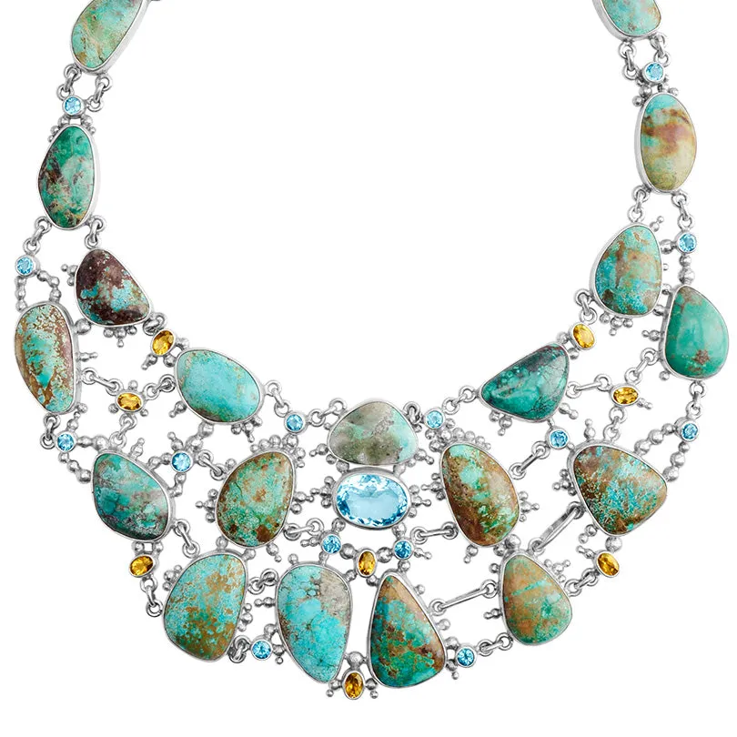 Magnificent Sterling Silver Genuine Turquoise & Blue Topaz Statement Necklace