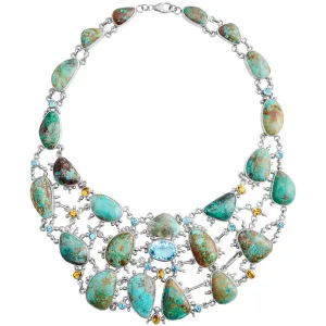 Magnificent Sterling Silver Genuine Turquoise & Blue Topaz Statement Necklace