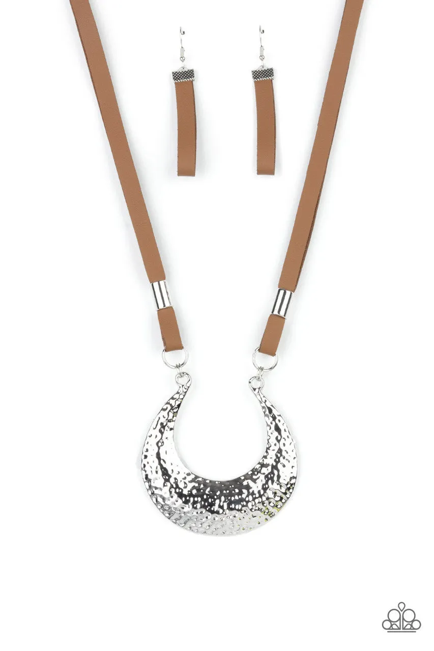 Majorly Moonstruck - Brown - Hammered Half Moon Leather Paparazzi Short Necklace
