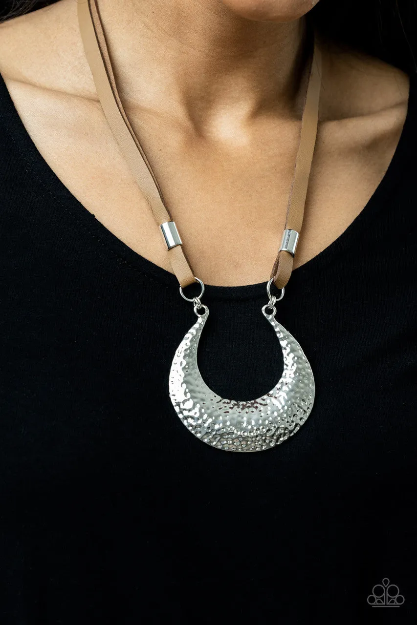 Majorly Moonstruck - Brown - Hammered Half Moon Leather Paparazzi Short Necklace
