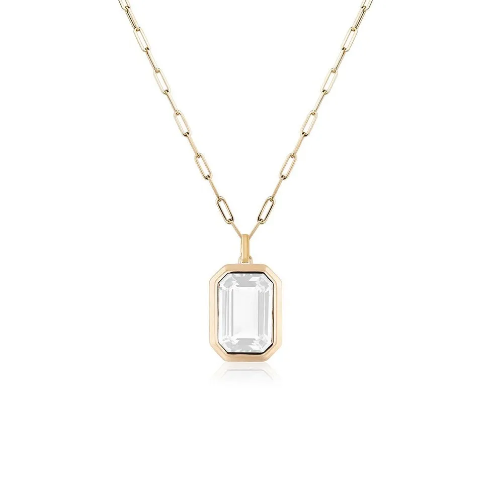 Manhattan Emerald Cut with Gold Frame on Paperclip Chain Necklace