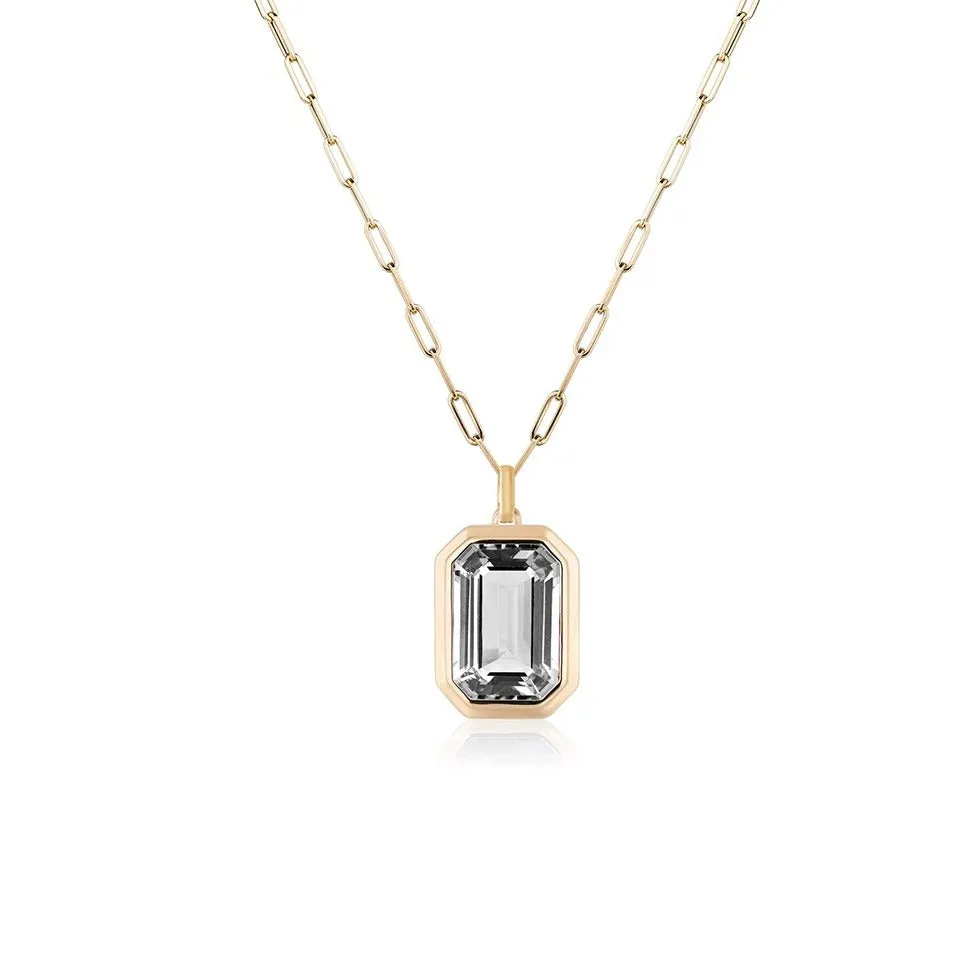 Manhattan Emerald Cut with Gold Frame on Paperclip Chain Necklace