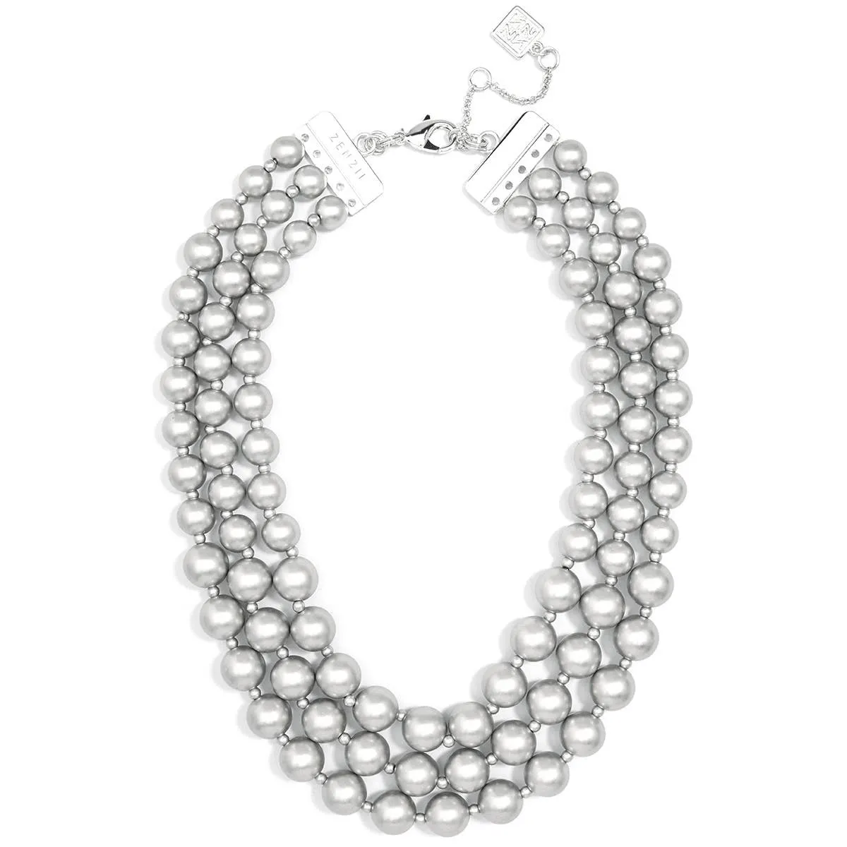 MATTE SILVER 3 STRAND BEADED BIB NECKLACE