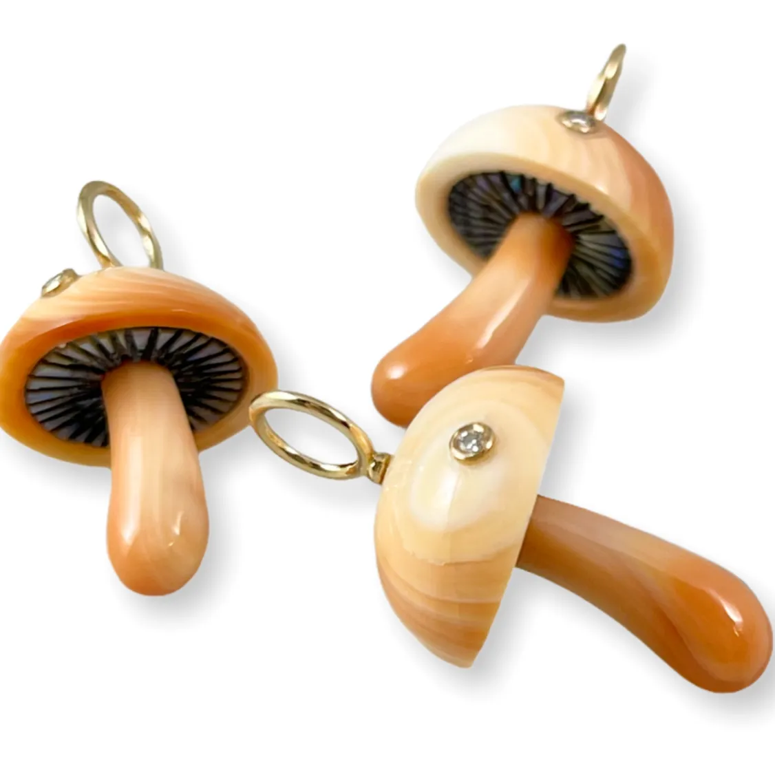 Maura Green Magic Mushroom Charm Hand Carved From Apricot Conch Shell With Diamond