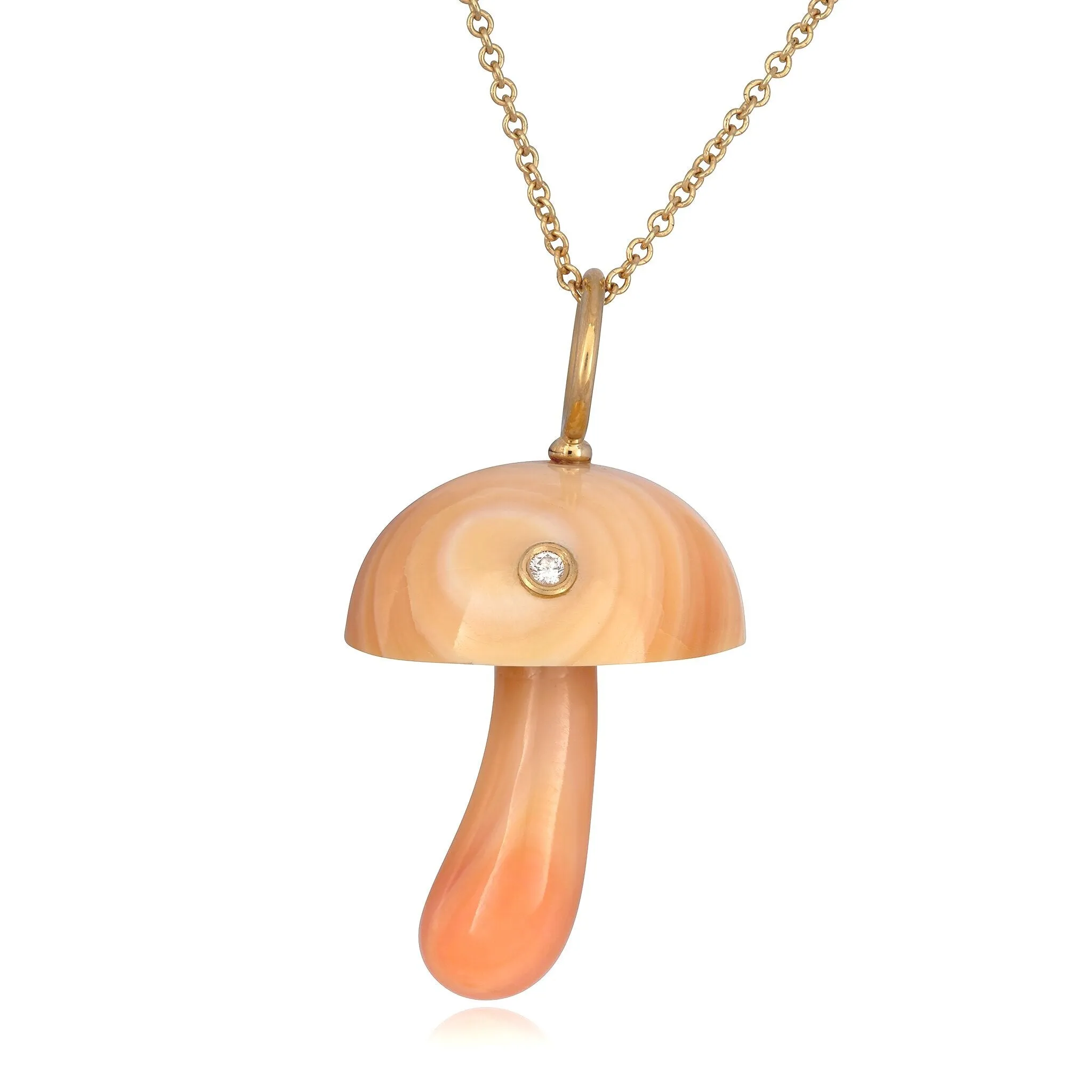 Maura Green Magic Mushroom Charm Hand Carved From Apricot Conch Shell With Diamond