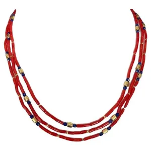 Mediterranean Red Coral and Lapis Beaded Necklace with 18k Yellow Gold Accents