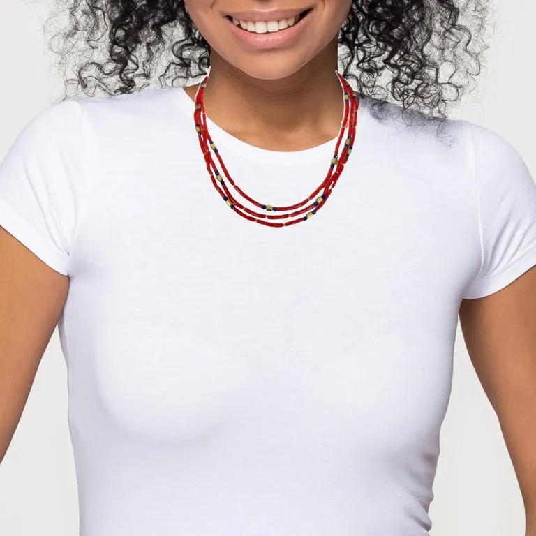 Mediterranean Red Coral and Lapis Beaded Necklace with 18k Yellow Gold Accents