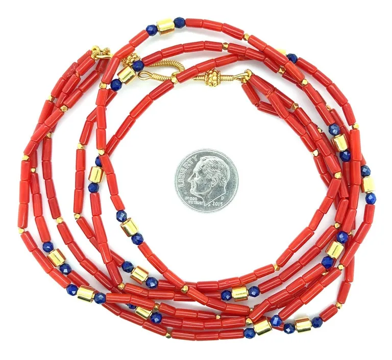 Mediterranean Red Coral and Lapis Beaded Necklace with 18k Yellow Gold Accents