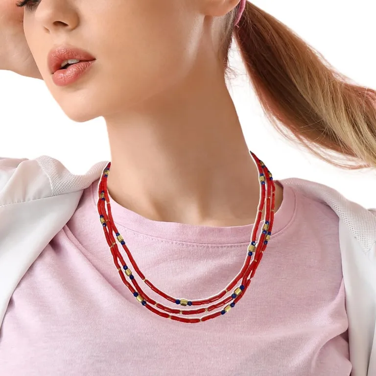 Mediterranean Red Coral and Lapis Beaded Necklace with 18k Yellow Gold Accents