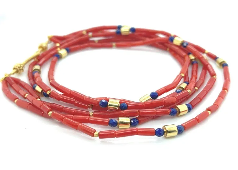 Mediterranean Red Coral and Lapis Beaded Necklace with 18k Yellow Gold Accents