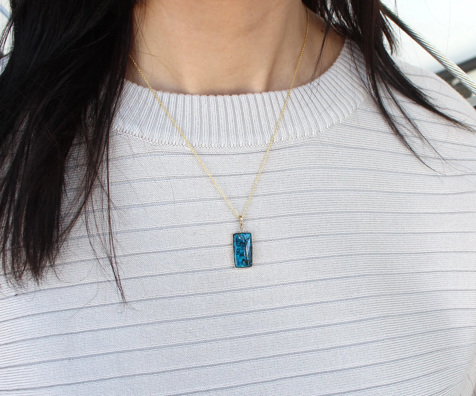 Medium Rectangular Chrysocolla 14k Gold Necklace