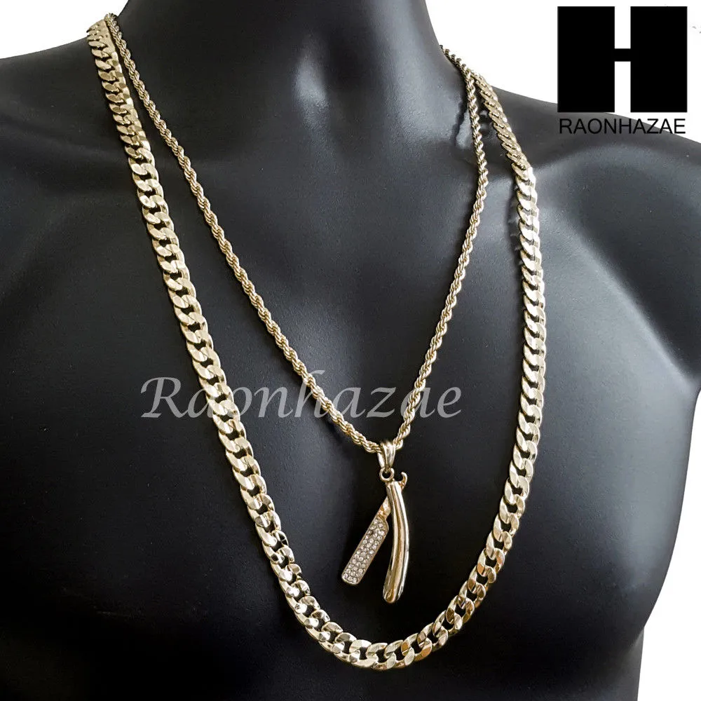 MEN BARBER SHOP BLADE DIAMOND CUT 30" CUBAN LINK CHAIN NECKLACE S075G