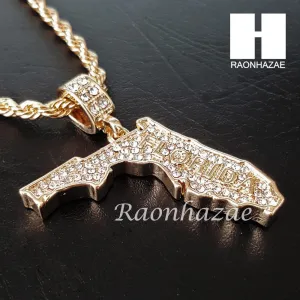 MEN FLORIDA STATE MAP US PENDANT 30" CUBAN LINK CHAIN NECKLACE SET S92G