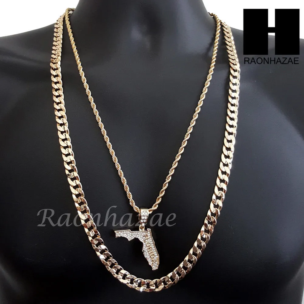 MEN FLORIDA STATE MAP US PENDANT 30" CUBAN LINK CHAIN NECKLACE SET S92G