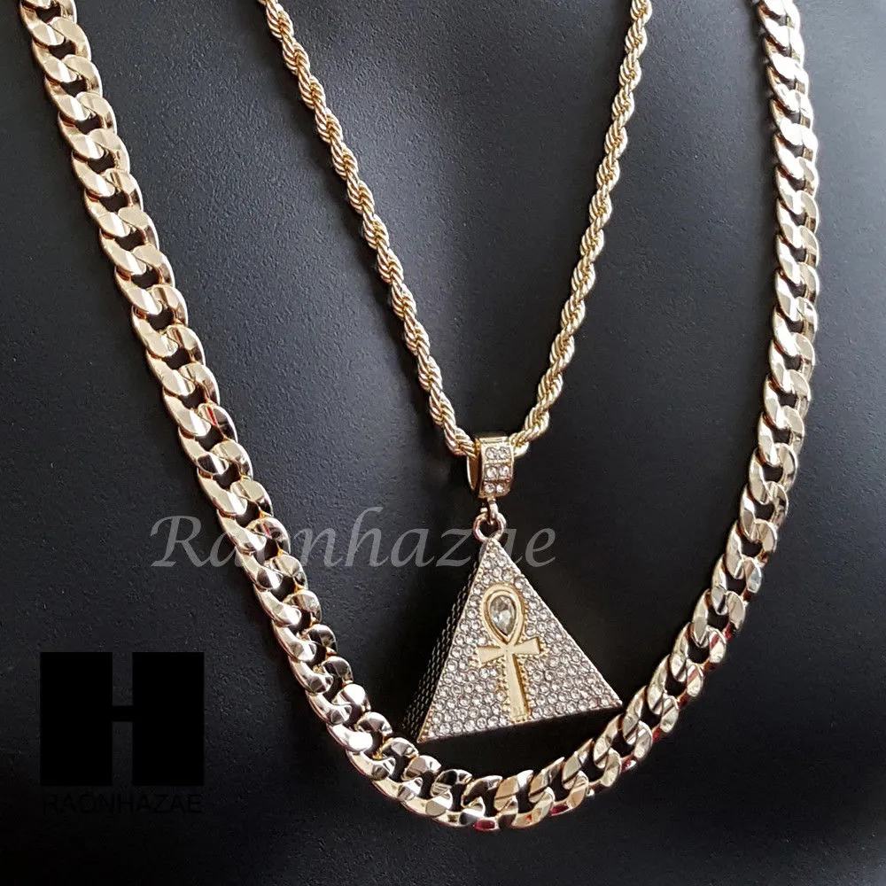 MEN GOLD ANKH PYRAMID CHARM CUT 30" CUBAN LINK CHAIN NECKLACE S081G