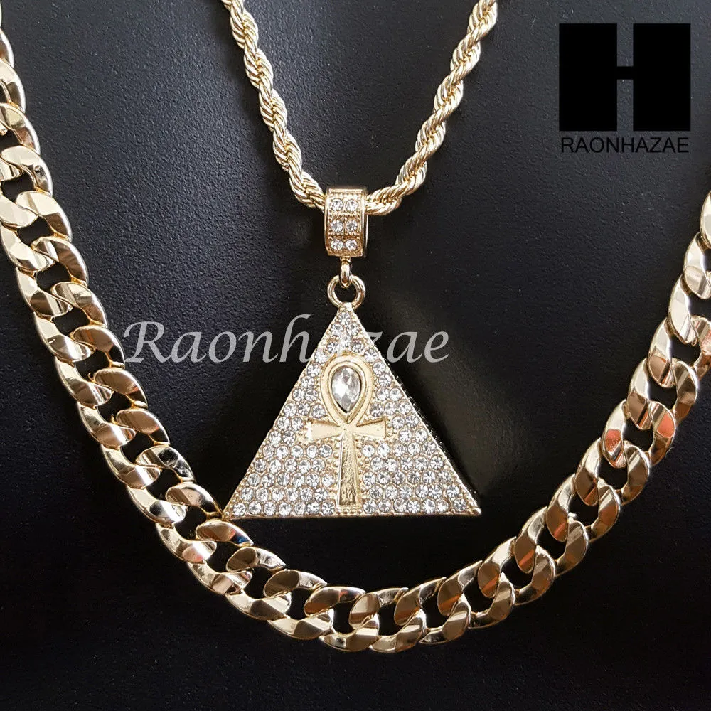 MEN GOLD ANKH PYRAMID CHARM CUT 30" CUBAN LINK CHAIN NECKLACE S081G