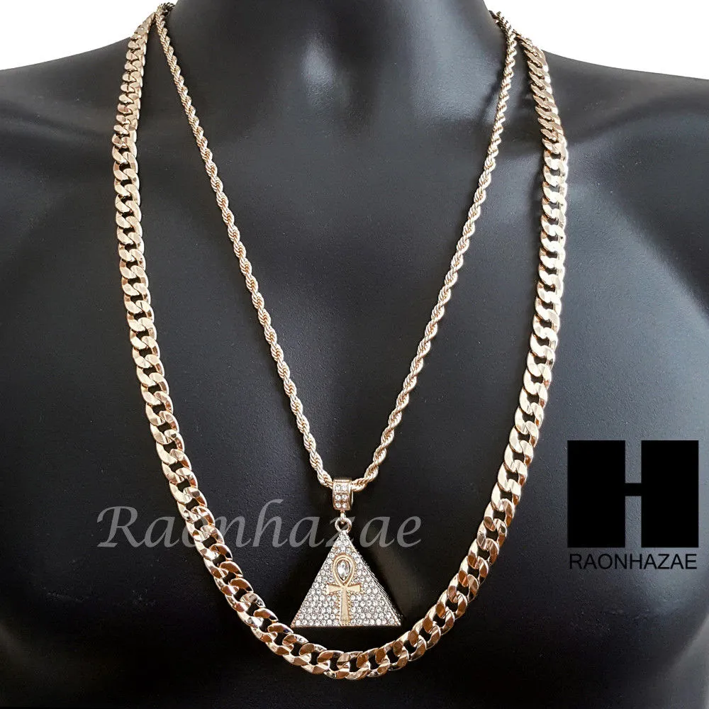 MEN GOLD ANKH PYRAMID CHARM CUT 30" CUBAN LINK CHAIN NECKLACE S081G