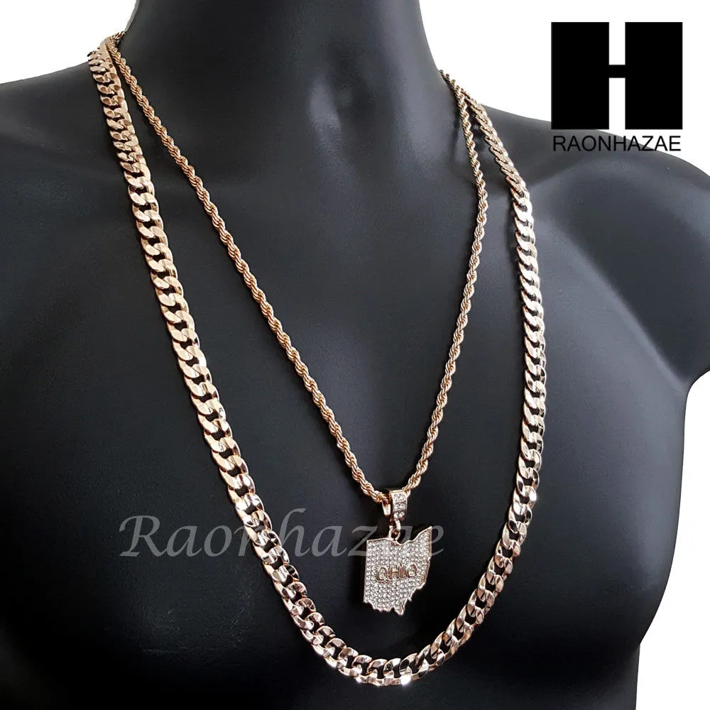 MEN OHIO STATE MAP US PENDANT 30" CUBAN LINK CHAIN NECKLACE SET S91G