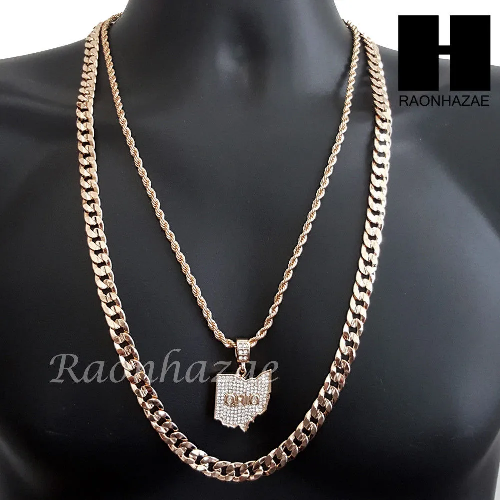 MEN OHIO STATE MAP US PENDANT 30" CUBAN LINK CHAIN NECKLACE SET S91G