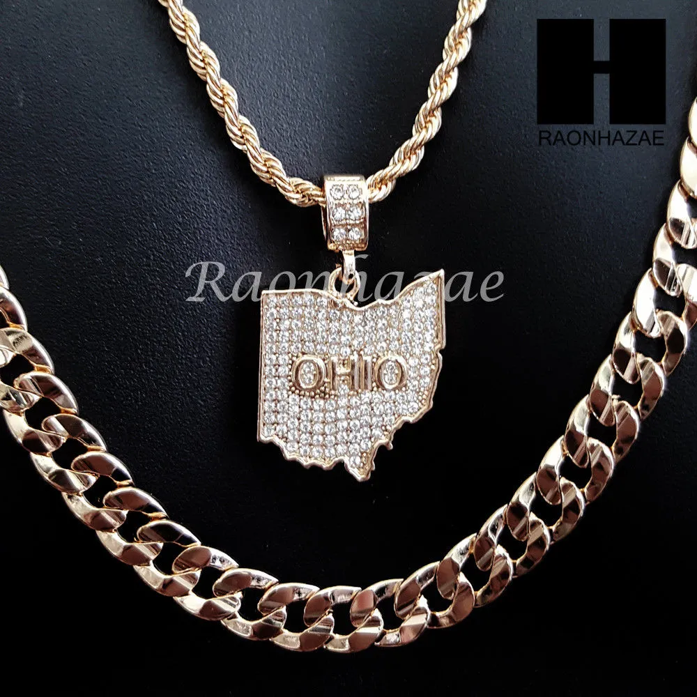 MEN OHIO STATE MAP US PENDANT 30" CUBAN LINK CHAIN NECKLACE SET S91G