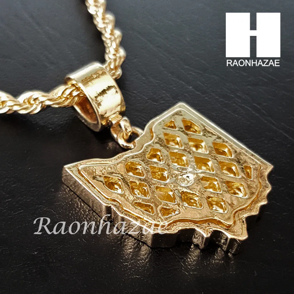 MEN OHIO STATE MAP US PENDANT 30" CUBAN LINK CHAIN NECKLACE SET S91G