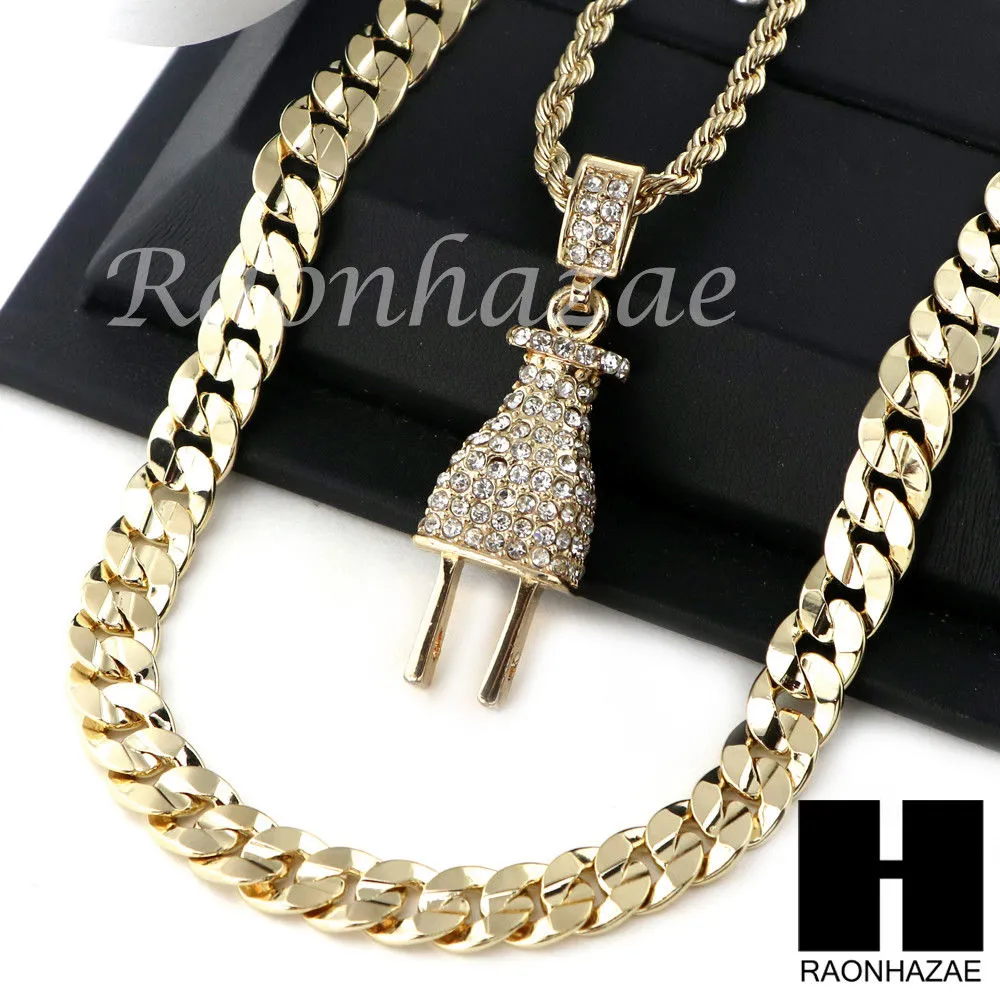 MEN PLUG ROPE CHAIN DIAMOND CUT 30" CUBAN LINK CHAIN NECKLACE SET SS02G