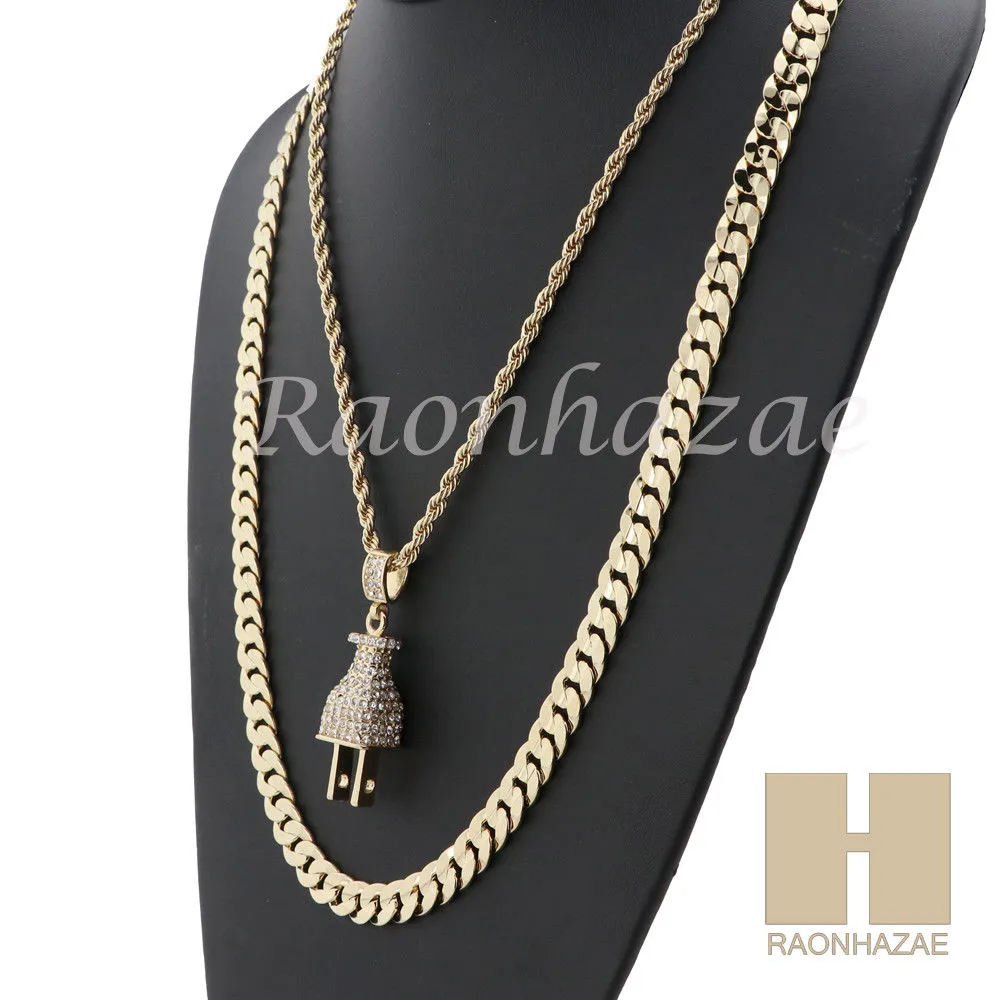 MEN PLUG ROPE CHAIN DIAMOND CUT 30" CUBAN LINK CHAIN NECKLACE SET SS02G
