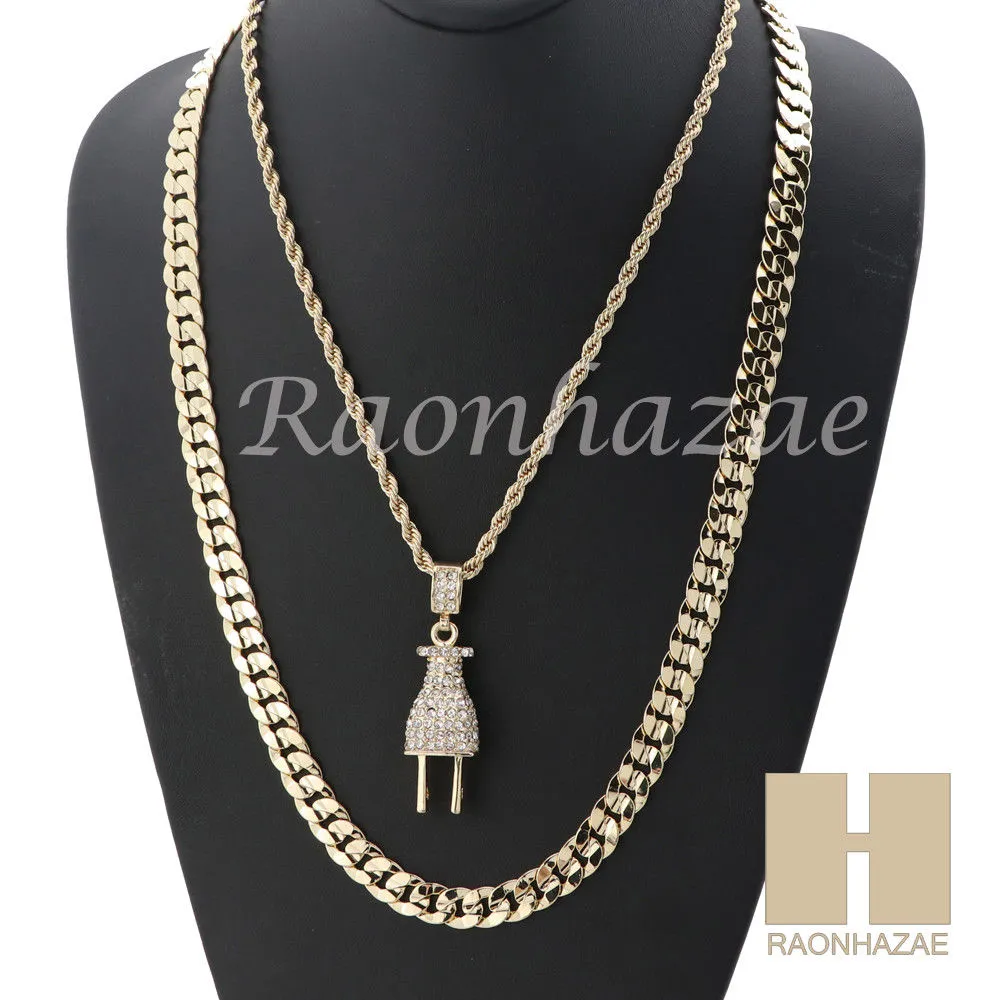 MEN PLUG ROPE CHAIN DIAMOND CUT 30" CUBAN LINK CHAIN NECKLACE SET SS02G