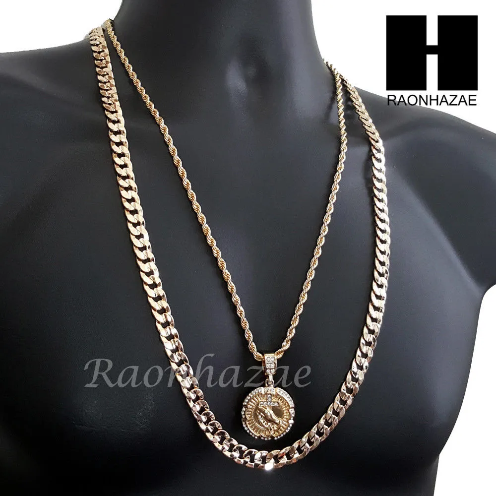 MEN PRAYING HAND CROSS PENDANT 30" CUBAN LINK CHAIN NECKLACE SET 94G