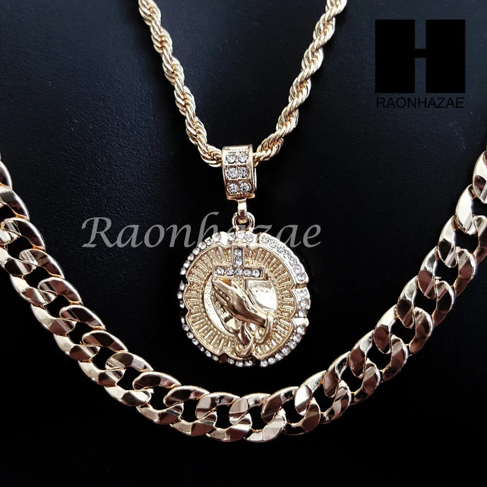 MEN PRAYING HAND CROSS PENDANT 30" CUBAN LINK CHAIN NECKLACE SET 94G