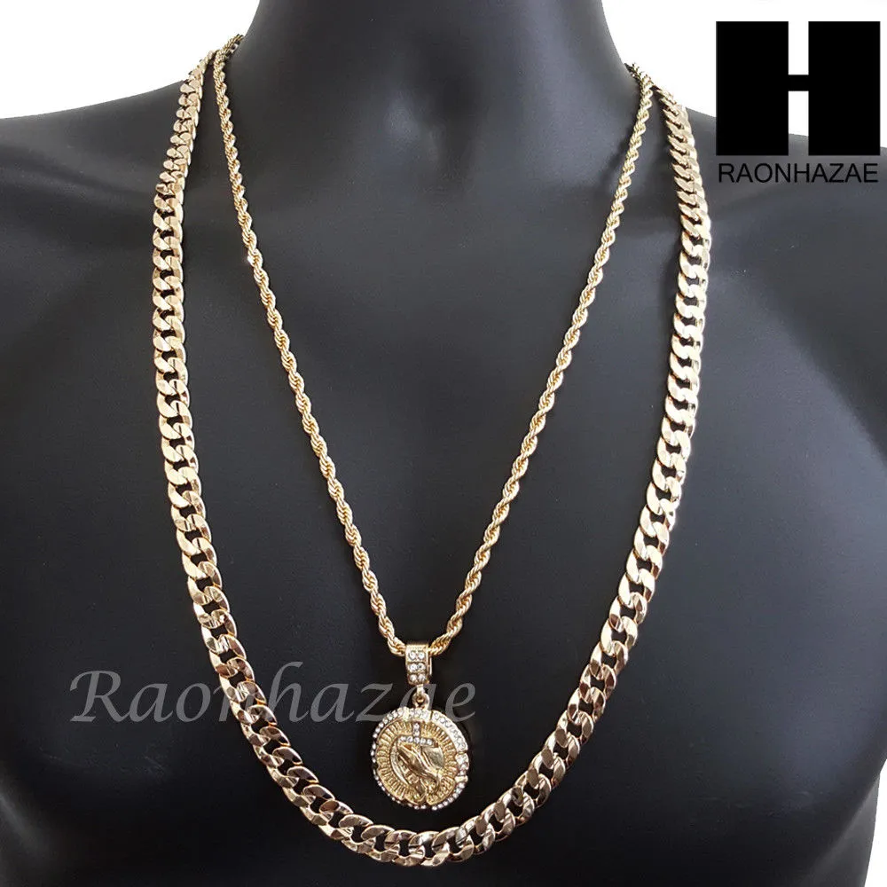 MEN PRAYING HAND CROSS PENDANT 30" CUBAN LINK CHAIN NECKLACE SET 94G