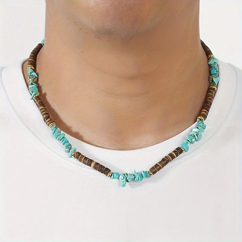Men's Turquoise & Coconut Shell Necklace Boho Surf Punk Jewelry