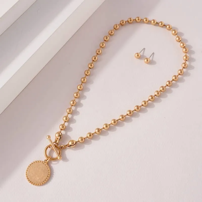 Metal Beaded Toggle Coin Charm Necklace