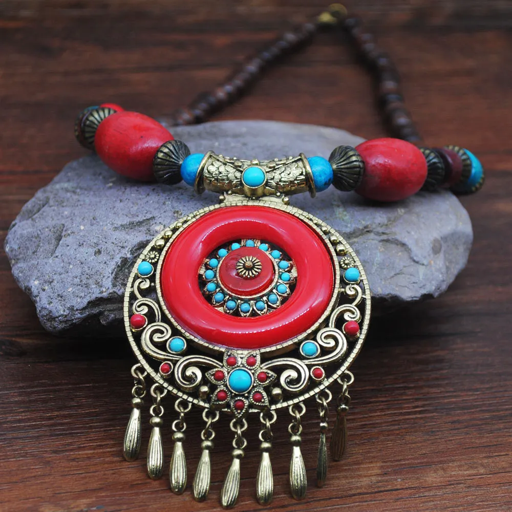 Miao National Exotic National Wind Necklace Female Retro Wooden Beads Beach Tourism Place Bell Pendant